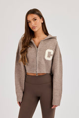 C Intarsia Cropped Zip Through Hoodie - Taupe