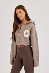 C Intarsia Cropped Zip Through Hoodie - Taupe