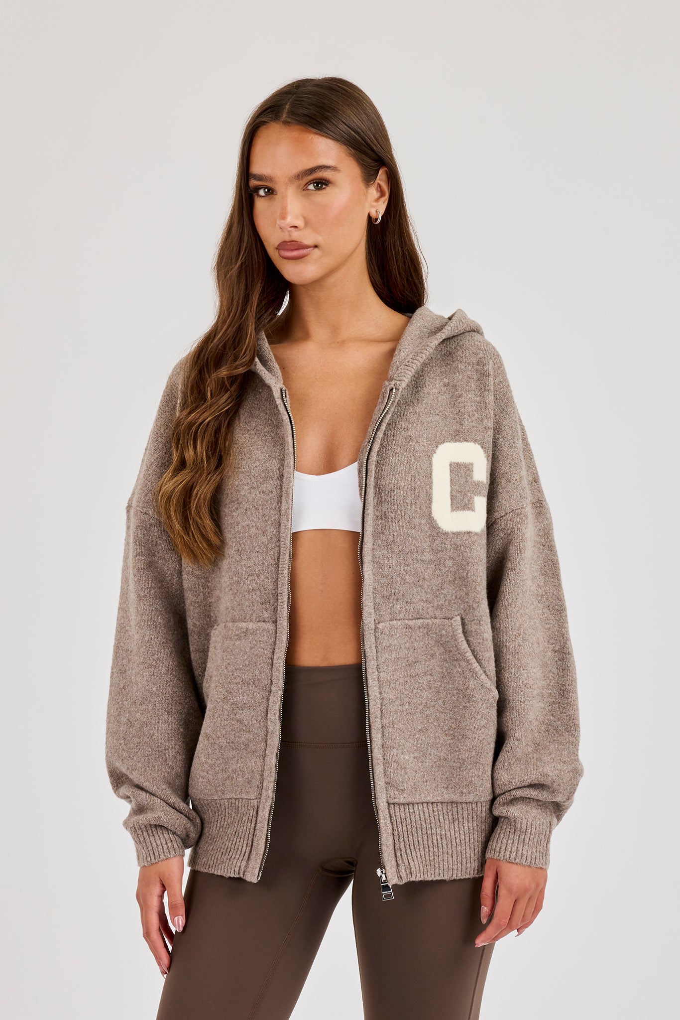Hooded Zip Through Knitted Jumper - Taupe