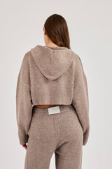 C Intarsia Cropped Zip Through Knitted Hoodie - Taupe
