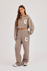 C Intarsia Cropped Zip Through Hoodie & Jogger – Taupe