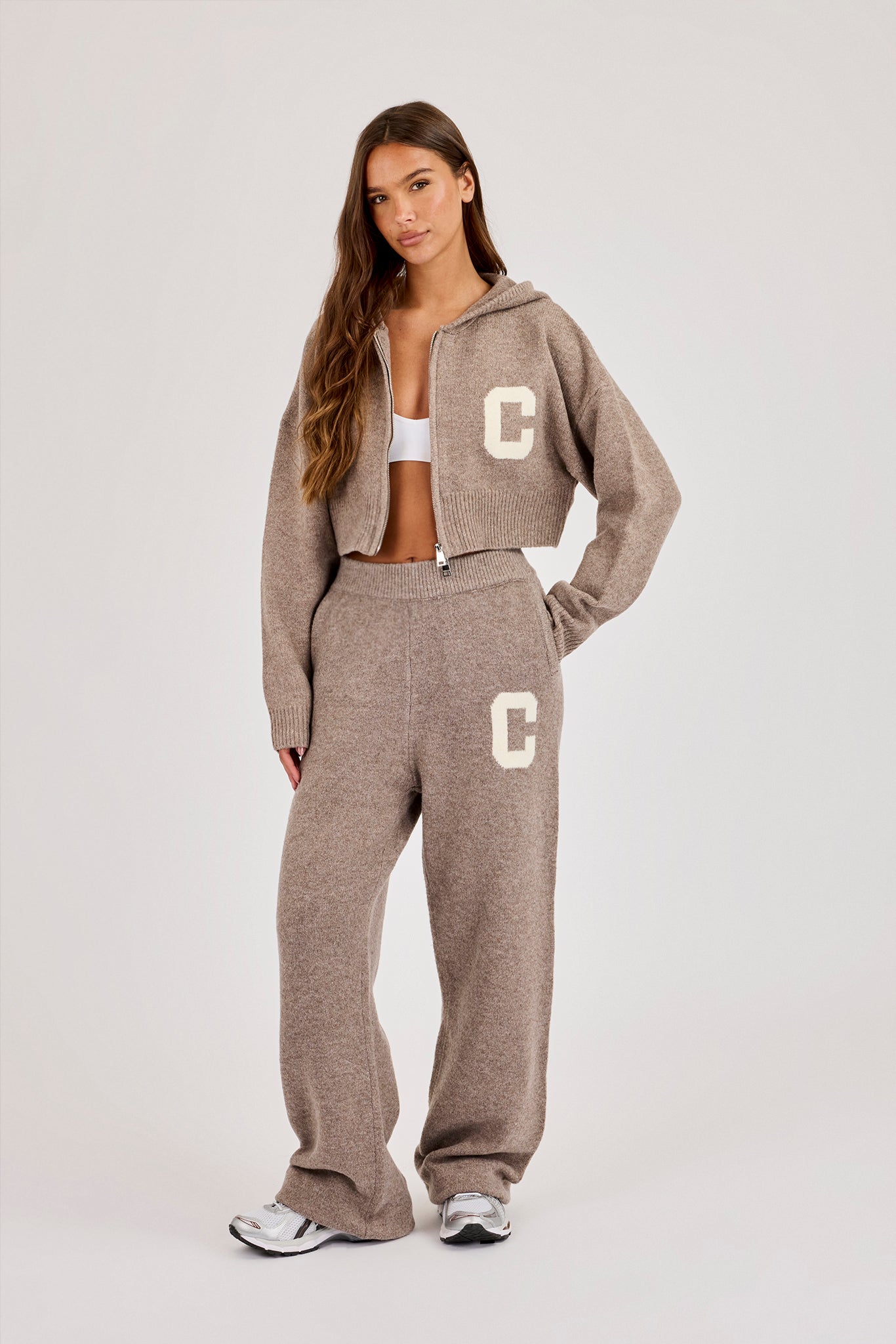C Intarsia Cropped Zip Through Hoodie & Jogger – Taupe