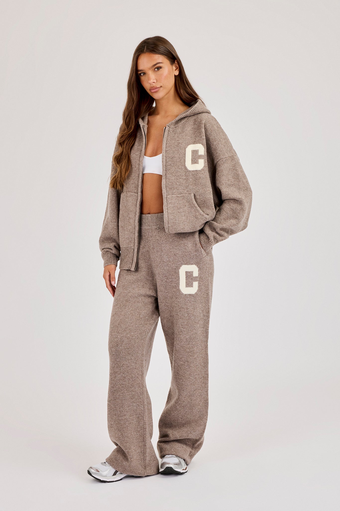 Hooded Zip Through Knitted Tracksuit - Taupe