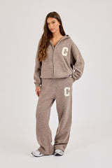 Hooded Zip Through Knitted Tracksuit - Taupe