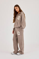 Hooded Zip Through Knitted Tracksuit - Taupe