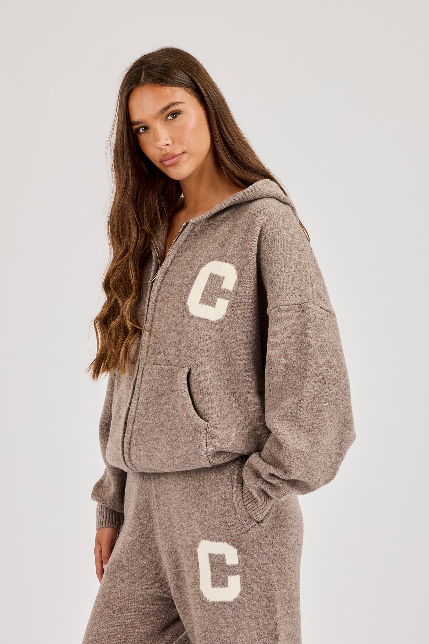 Hooded Zip Through Knitted Jumper - Taupe