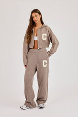 C Intarsia Cropped Zip Through Knitted Hoodie - Taupe