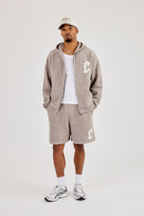 Mens C Knitted Zip Through Hoodie & Relaxed Short - Stone