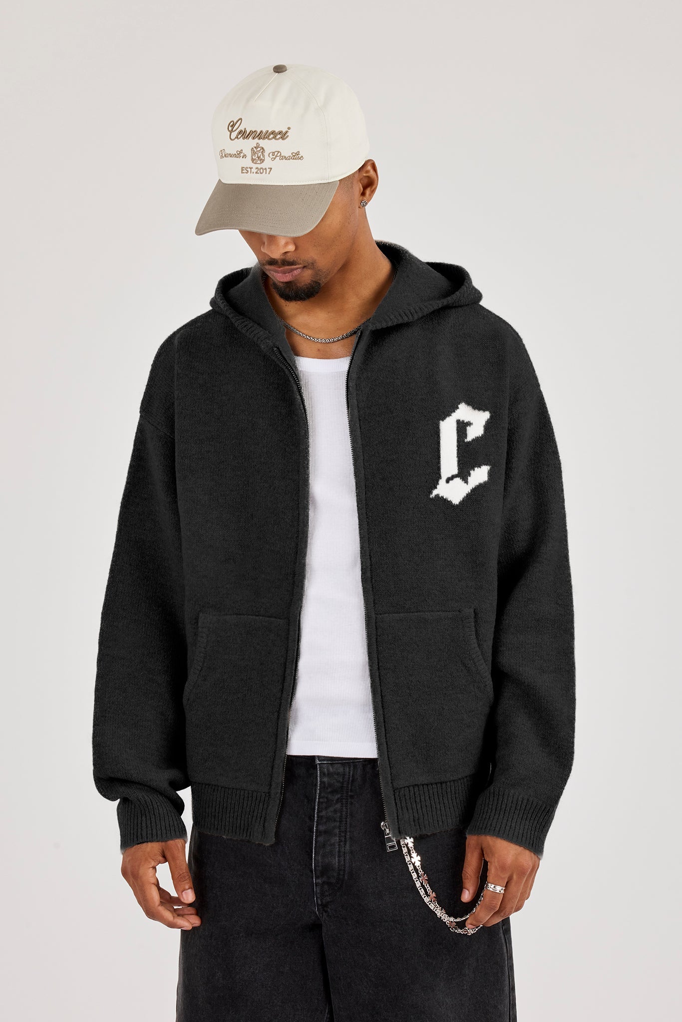 Mens C Knitted Zip Through Hoodie - Black