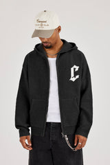 Mens C Knitted Zip Through Hoodie - Black