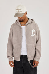 Mens C Knitted Zip Through Hoodie - Stone