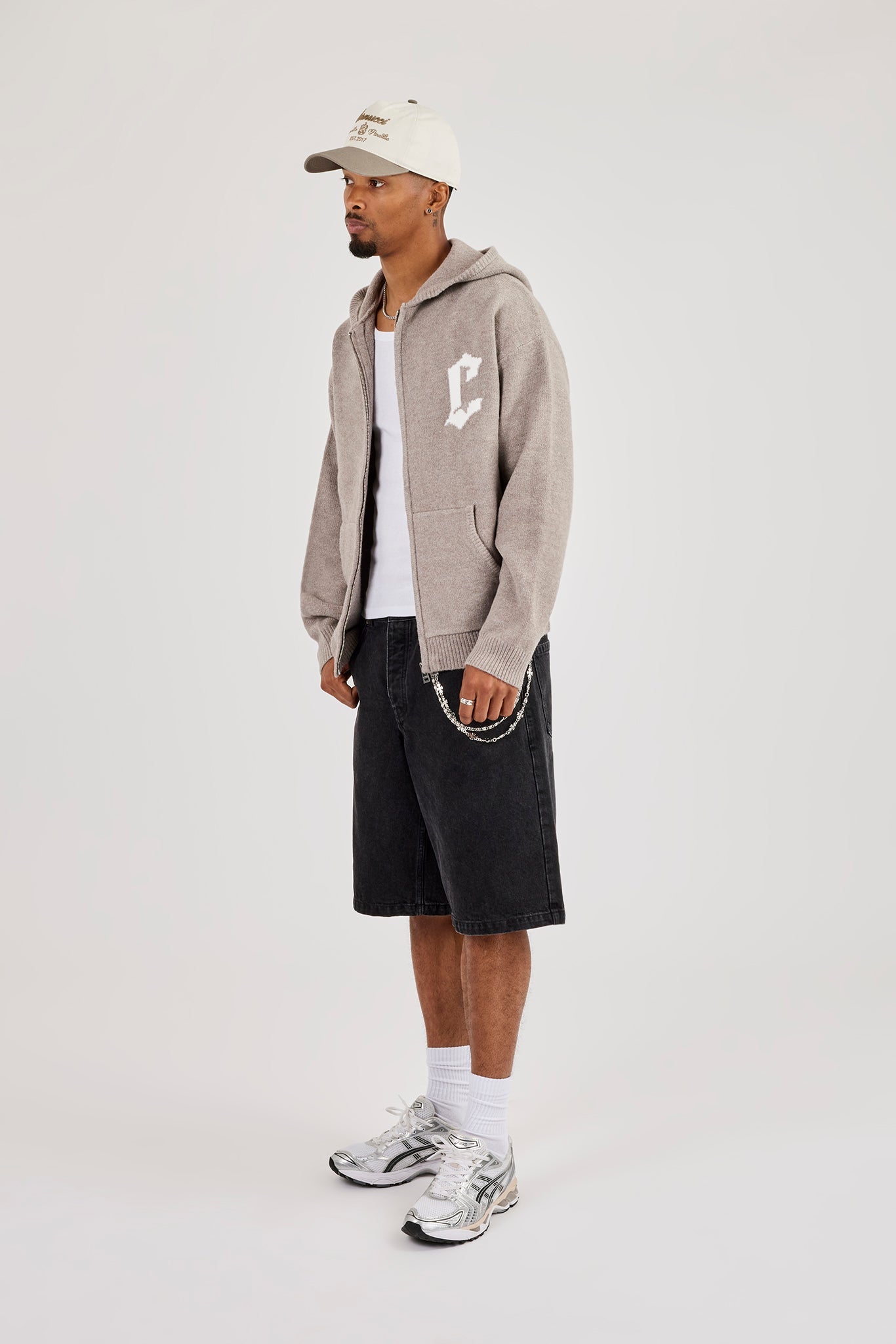 Mens C Knitted Zip Through Hoodie - Stone