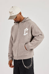 Mens C Knitted Zip Through Hoodie - Stone