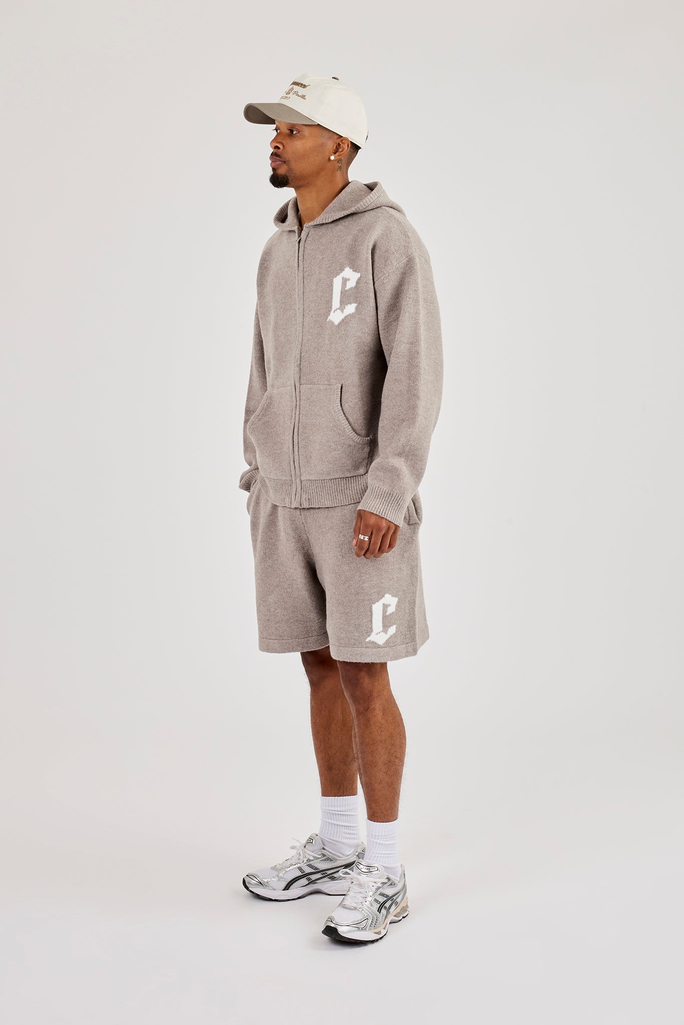 Mens C Knitted Zip Through Hoodie - Stone