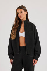 Knitted Embroidered Logo Funnel Neck Zip Through - Black