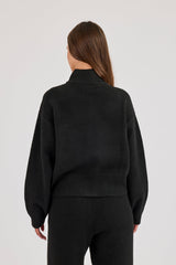 Knitted Embroidered Logo Funnel Neck Zip Through - Black