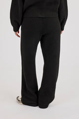 Knitted Embroidered Logo Wide Leg Jogger - Black
