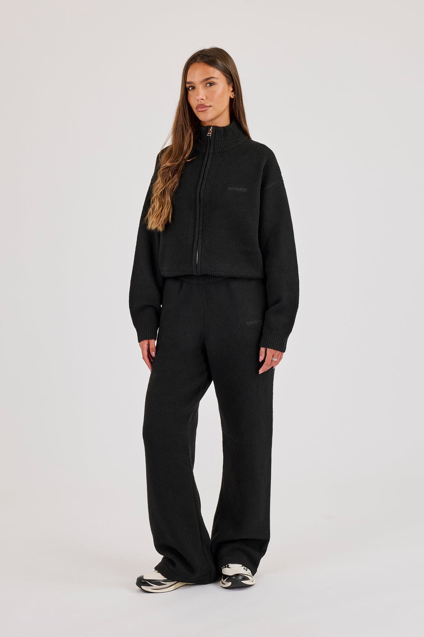 Knitted Embroidered Logo Wide Leg Jogger - Black