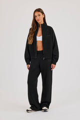 Knitted Embroidered Logo Funnel Neck Zip Through - Black