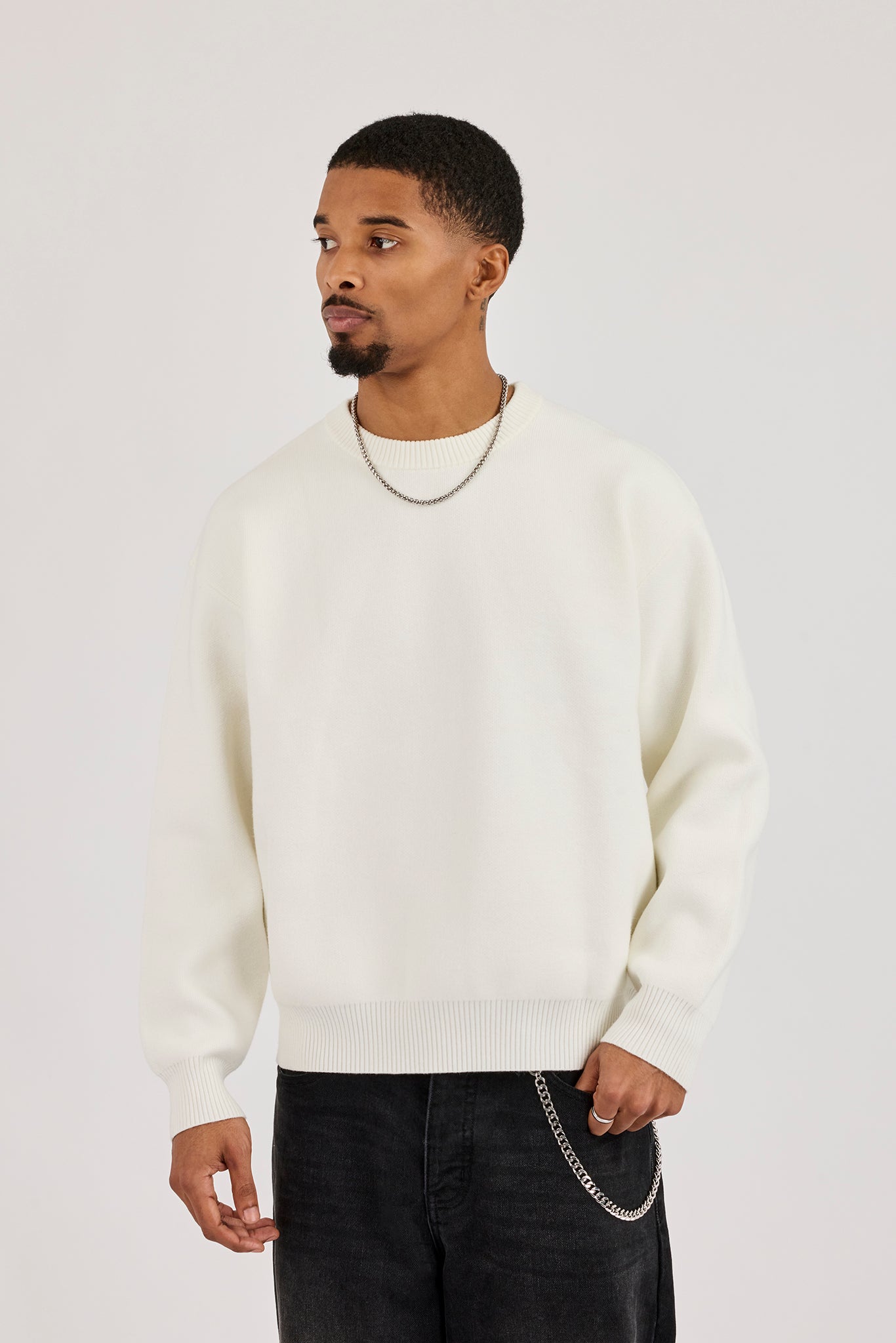 Knitted Back Intarsia Sweatshirt - Off White