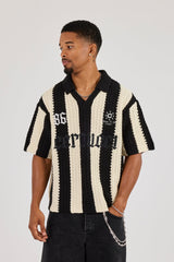 Knitted Striped Football Top - Black