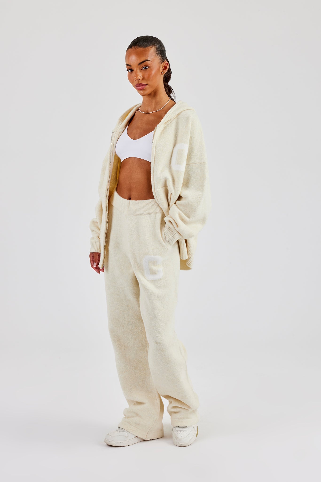 Hooded Zip Through Knitted Tracksuit  Butter Yellow