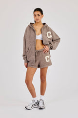 Hooded Zip Through Knitted Hoodie & Short - Taupe