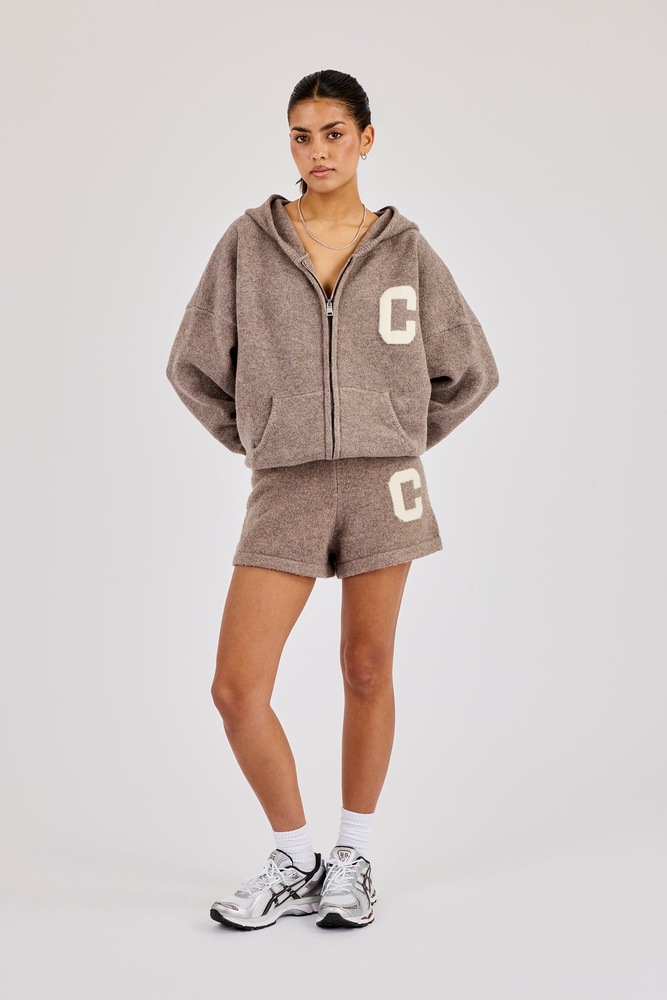 Hooded Zip Through Knitted Hoodie & Short - Taupe