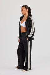 Womens Wide Leg Poly Smooth Taping Track Pant - Black