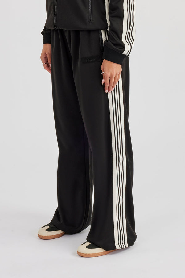 Womens Wide Leg Poly Smooth Taping Track Pant - Black