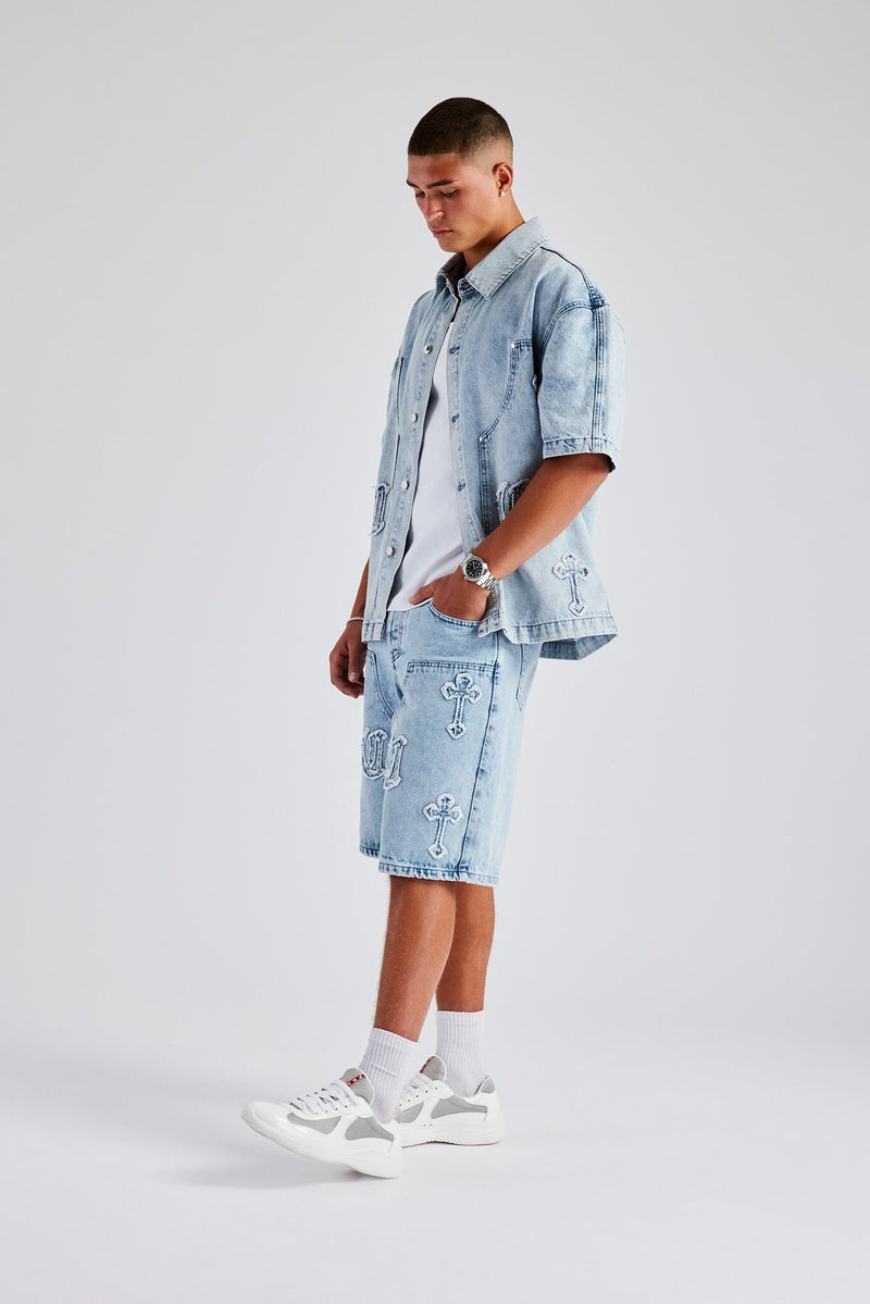 Raw Edge Applique Carpenter Denim Shirt & Bermuda Short  - Ice Blue