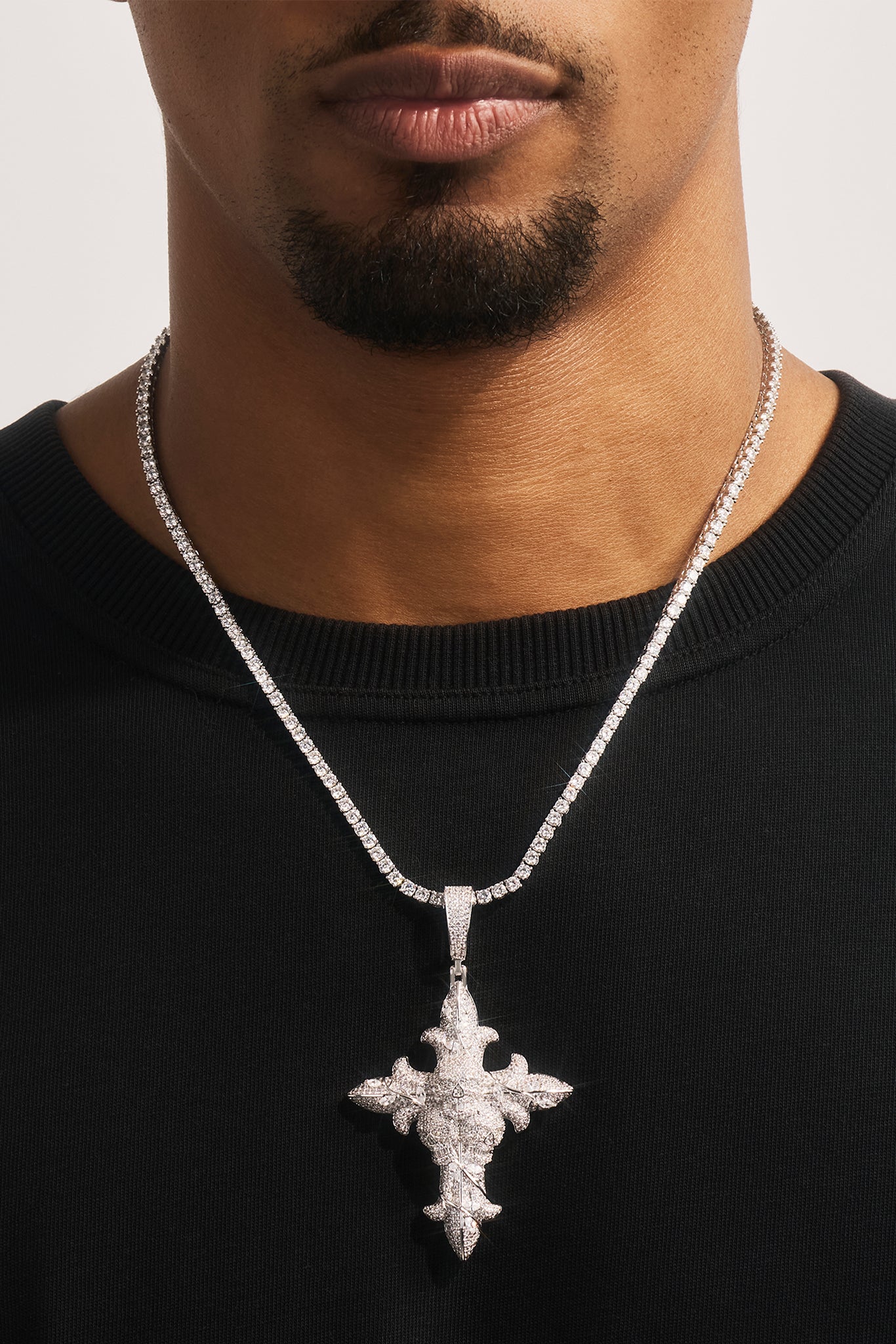Iced Skull Cross Pendant - 60mm - White