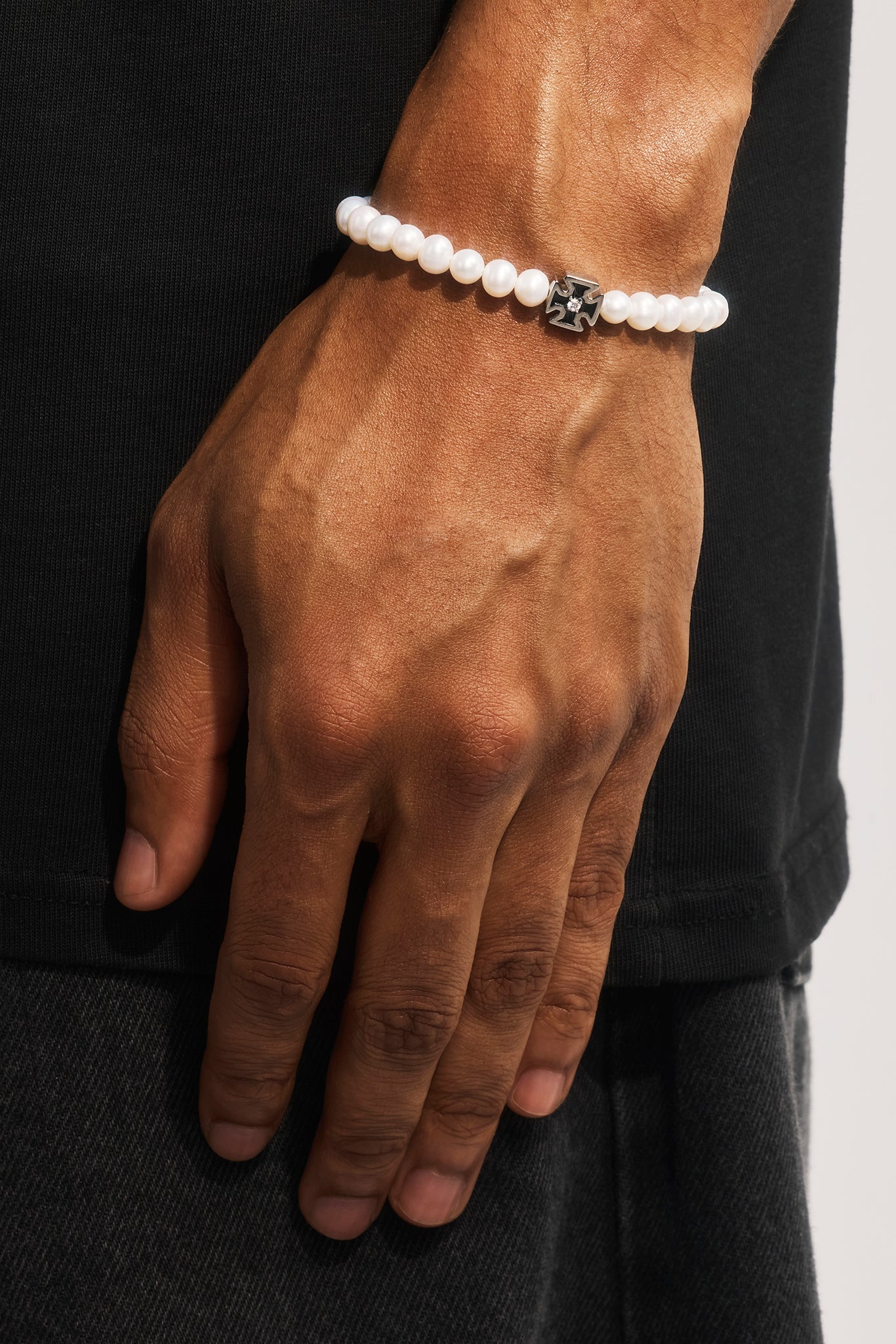 Mens Pearl & Iced Motif Bracelet - 4mm - White
