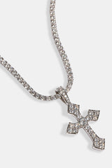 Celtic Cross Pendant Iced Tennis Necklace - 35mm - White