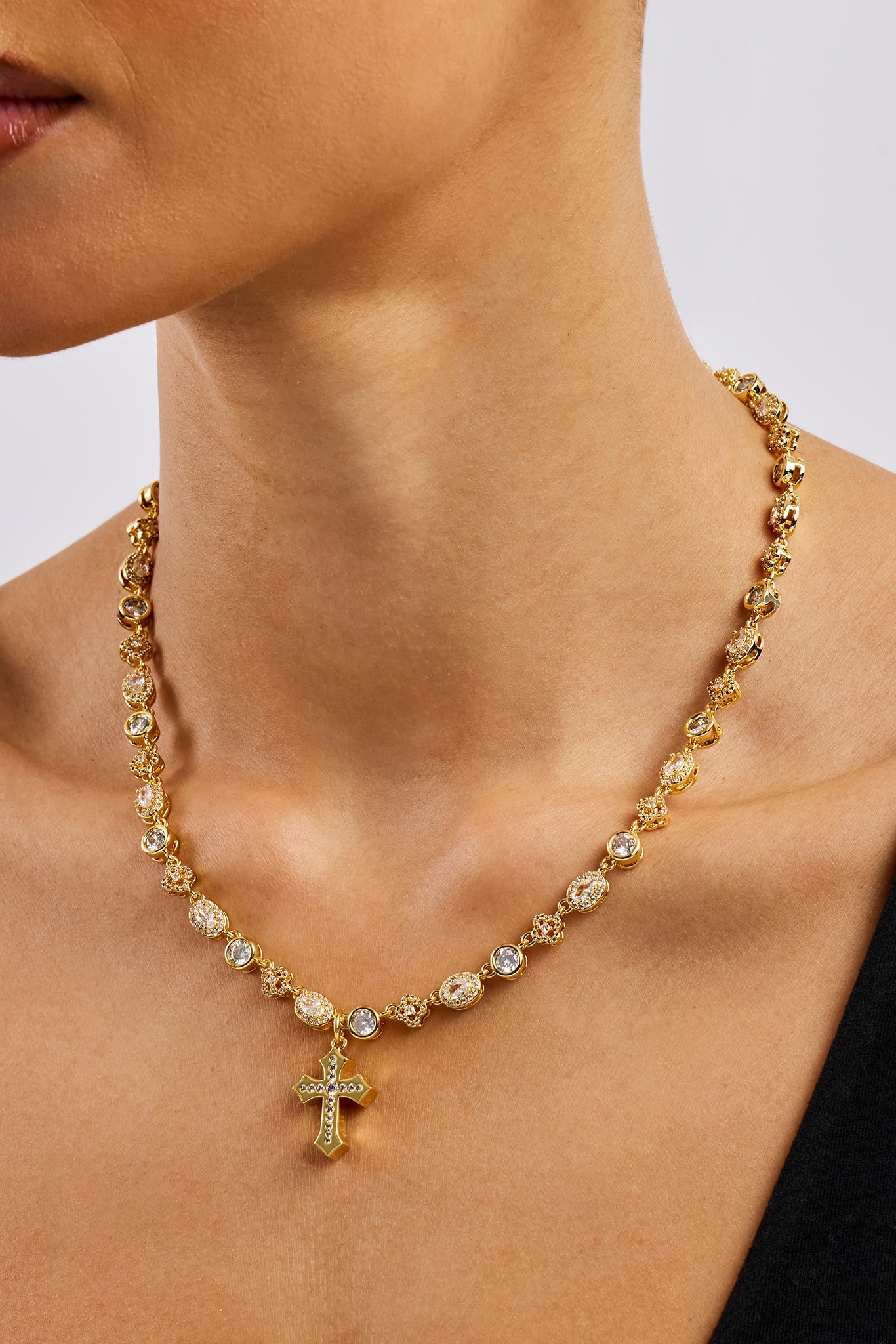 Clear Motif & Cross Gemstone Chain - 8mm - Gold