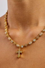 Womens Iced Drop Cross & Motif Multi Gemstone Chain - 6mm - Gold