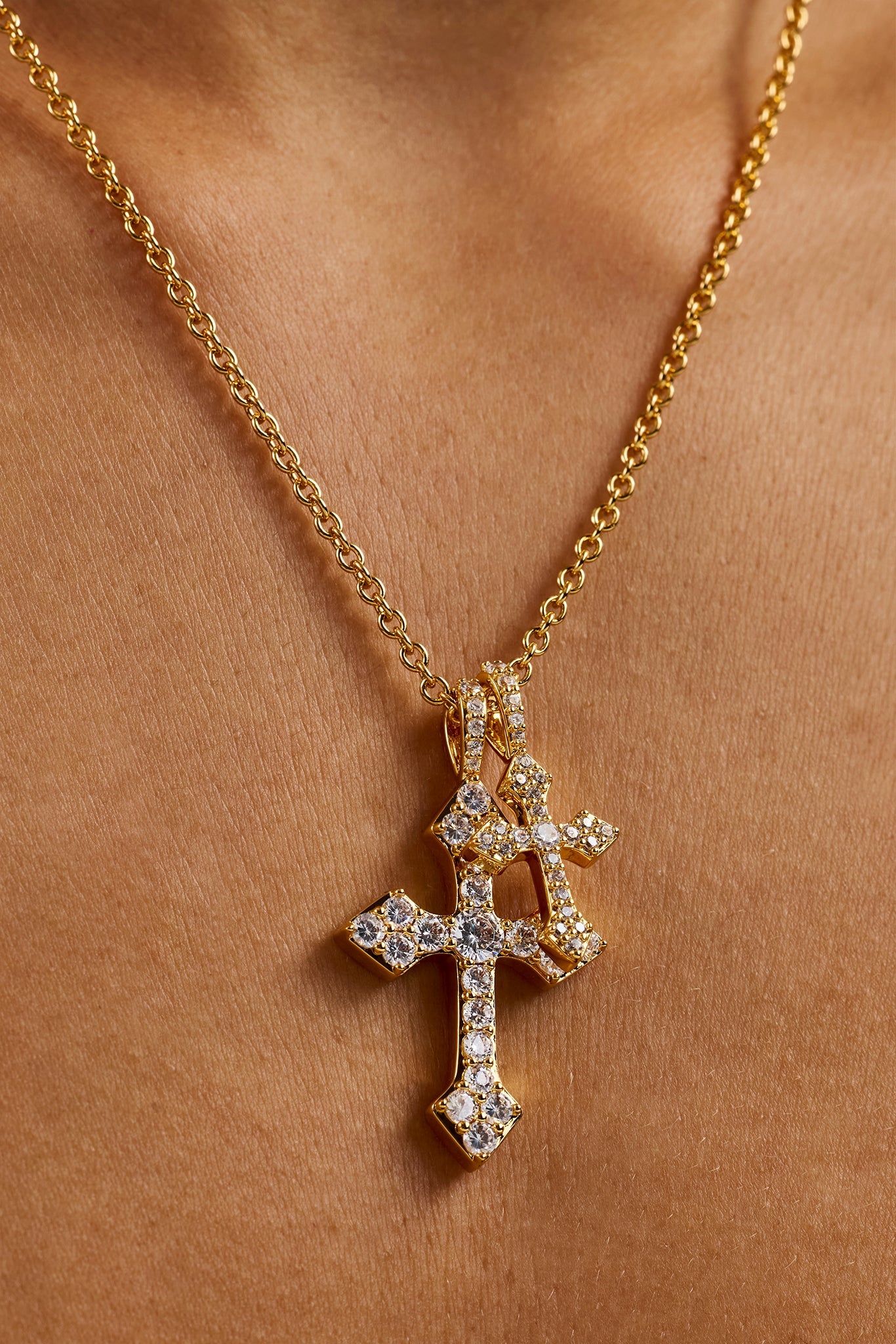 Double Celtic Cross Iced Necklace - 25mm - Gold