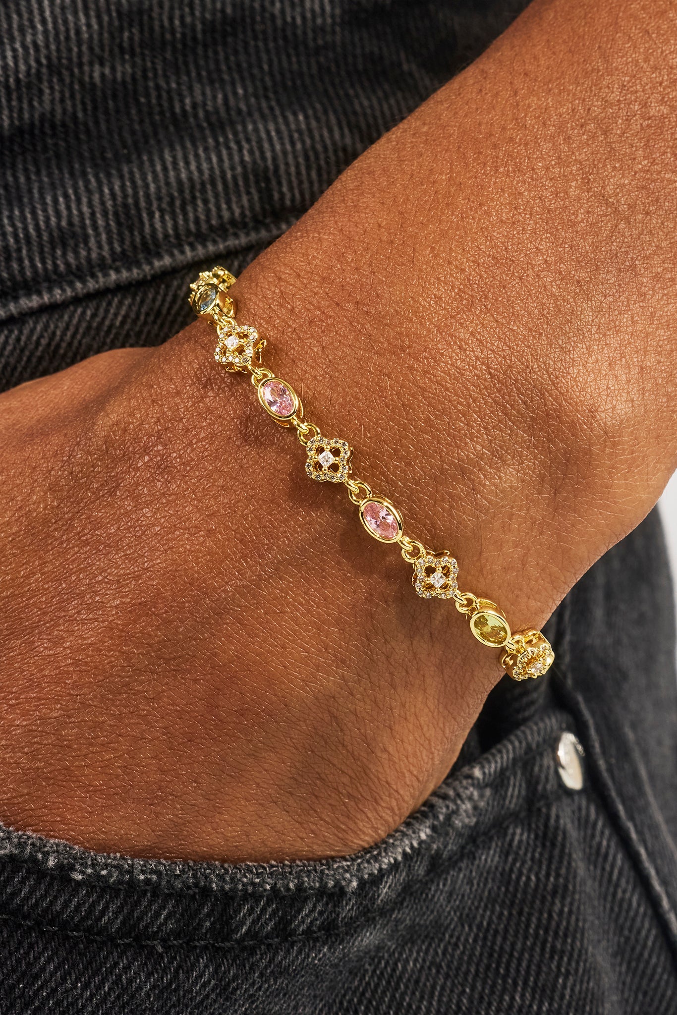 Multi Gem & Gemstone Motif Bracelet - 6mm - Gold