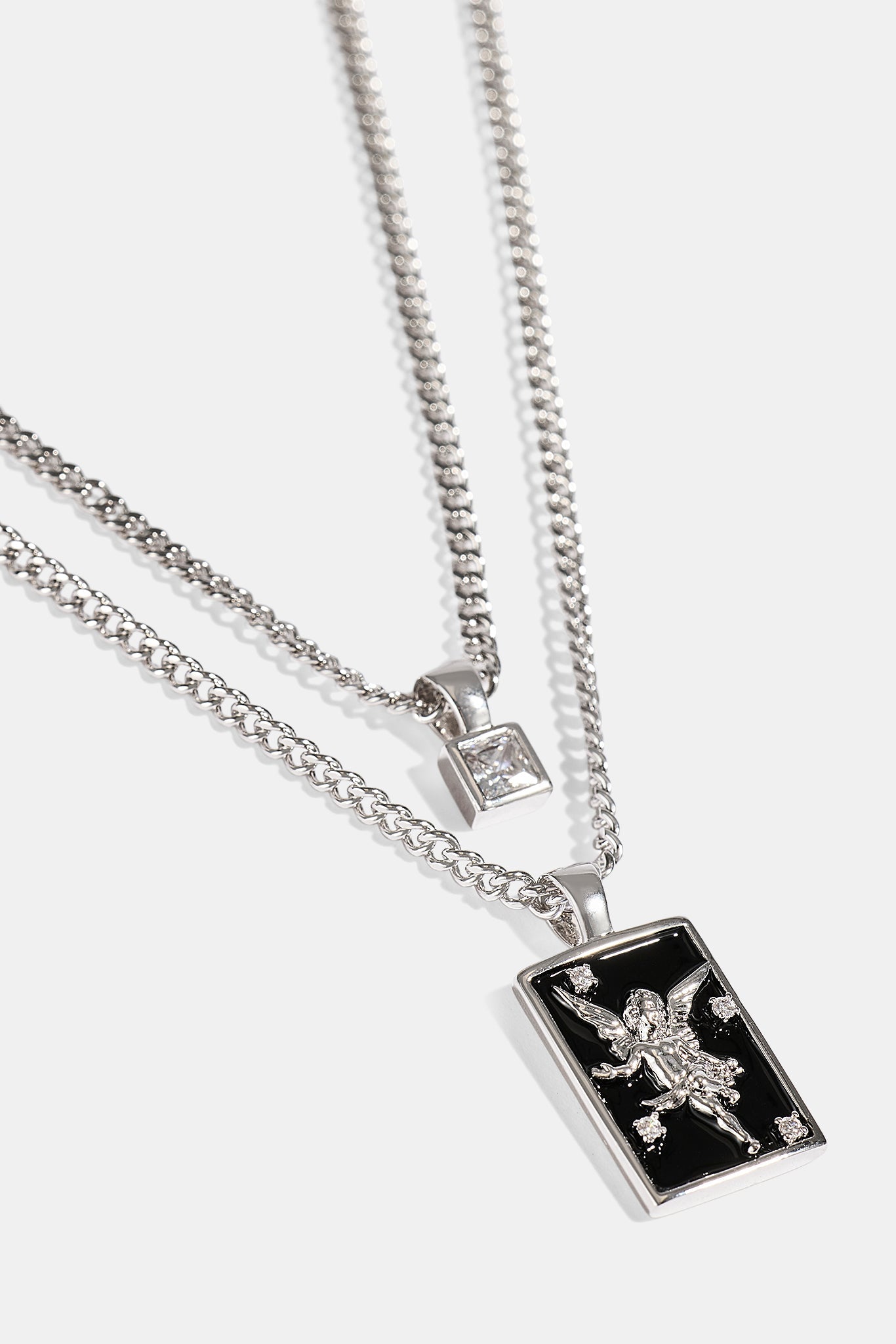 Black Enamel Double Layer Stone & Cherub Pendant Necklace - 20mm - White