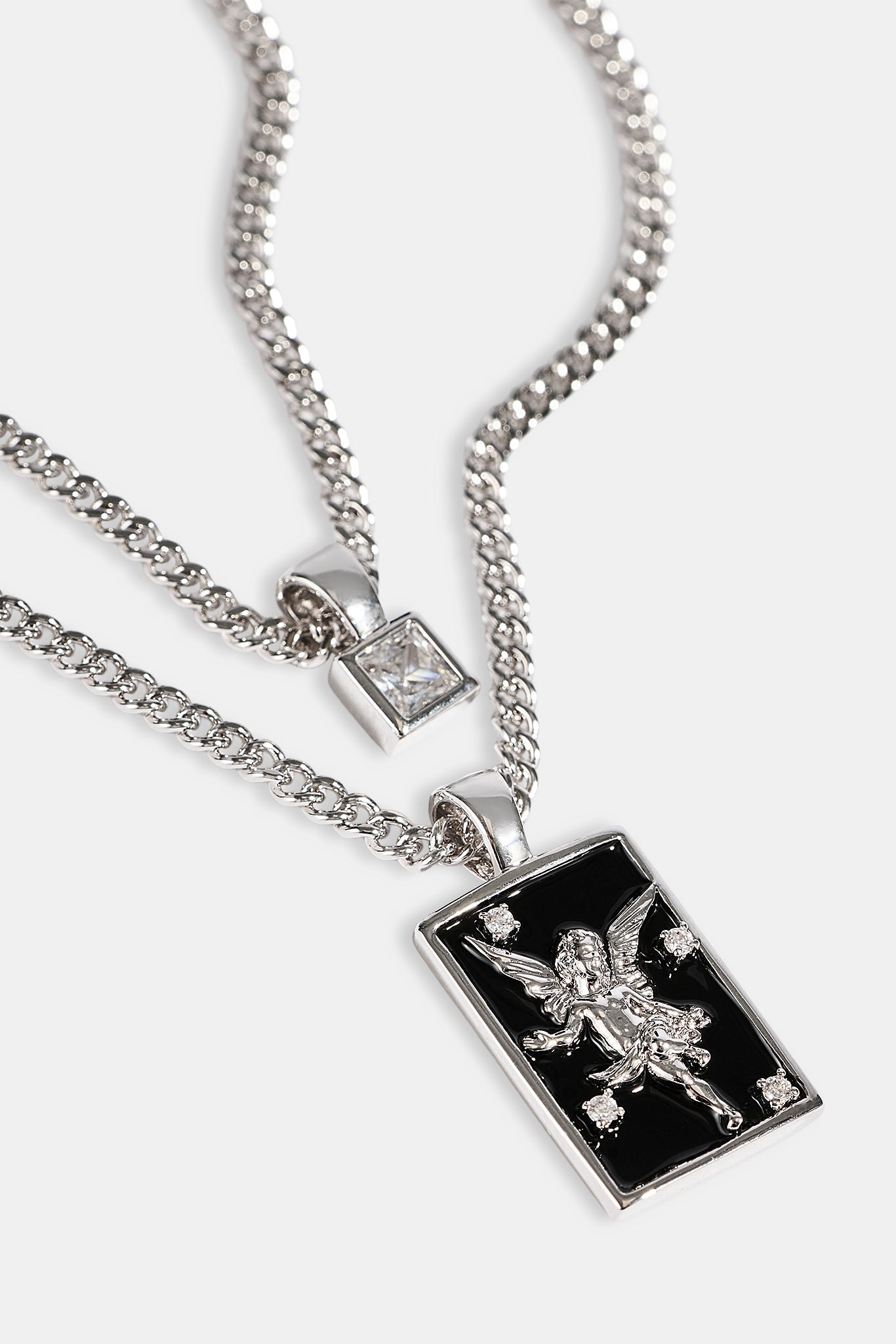 Black Enamel Double Layer Stone & Cherub Pendant Necklace - 20mm - White