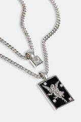 Black Enamel Double Layer Stone & Cherub Pendant Necklace - 20mm - White