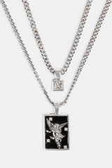 Black Enamel Double Layer Stone & Cherub Pendant Necklace - 20mm - White