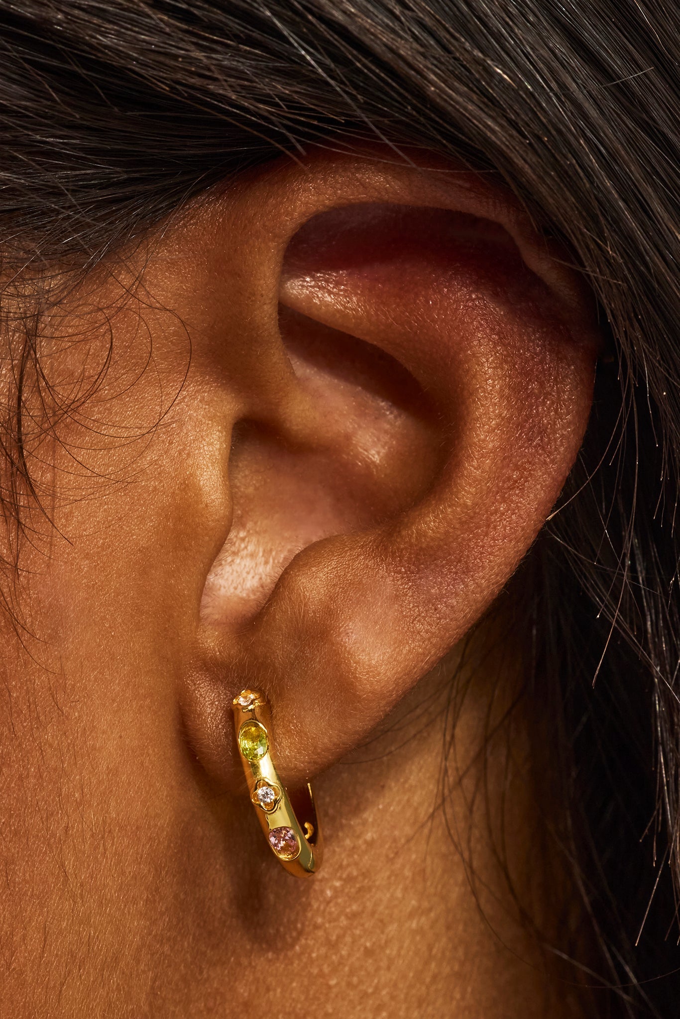 Gemstone & Motif Huggie Hoop Earrings - 15mm - Gold