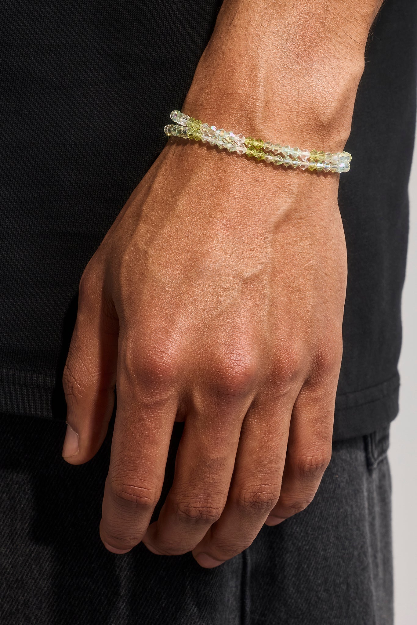 Mens Green Double Layer Glass Bead Bracelet - 4mm - White