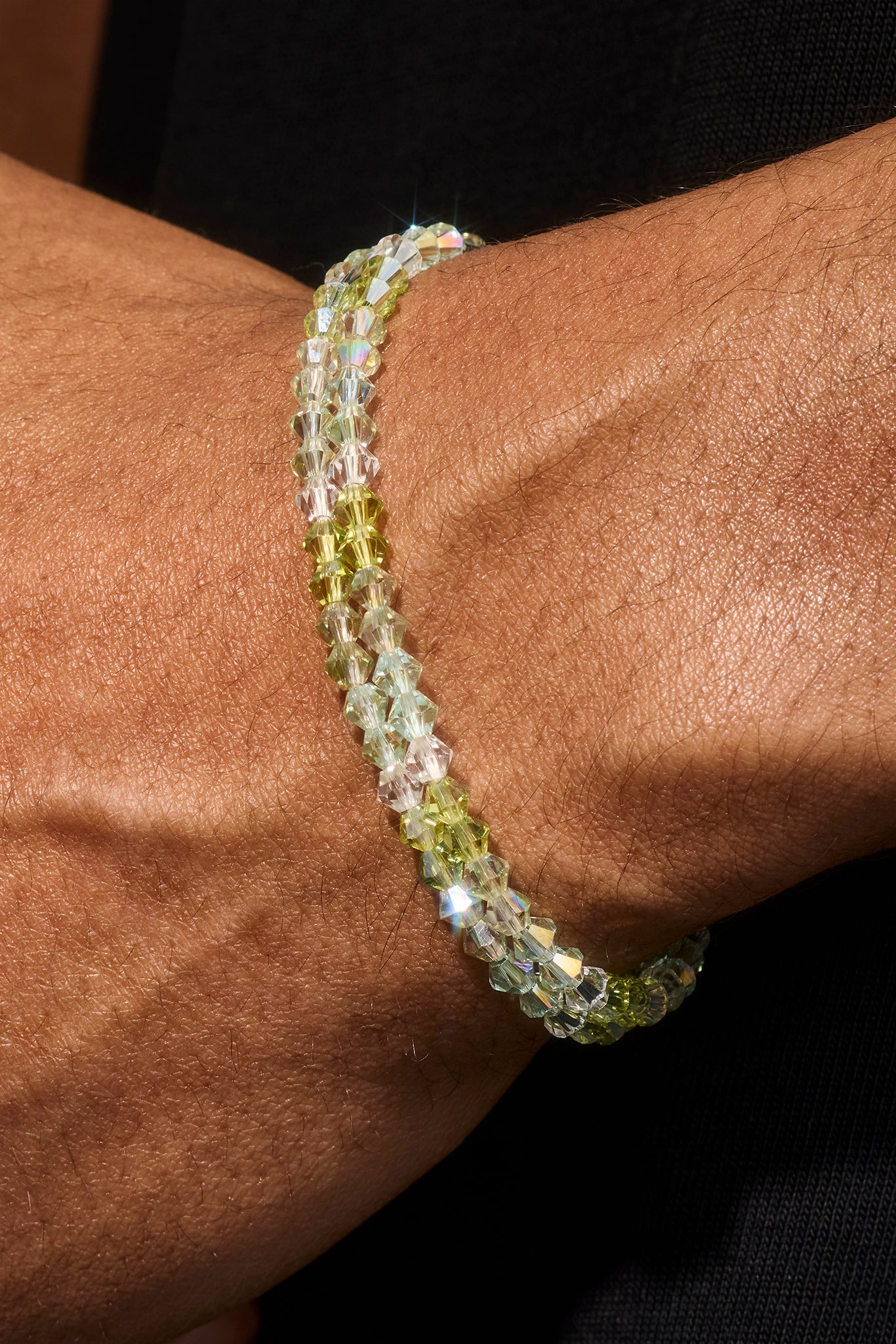 Mens Green Double Layer Glass Bead Bracelet - 4mm - White