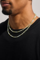 Mens Green Double Layer Glass Bead Necklace - 4mm - White