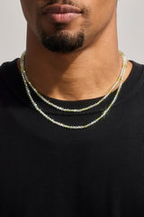 Mens Green Double Layer Glass Bead Necklace - 4mm - White