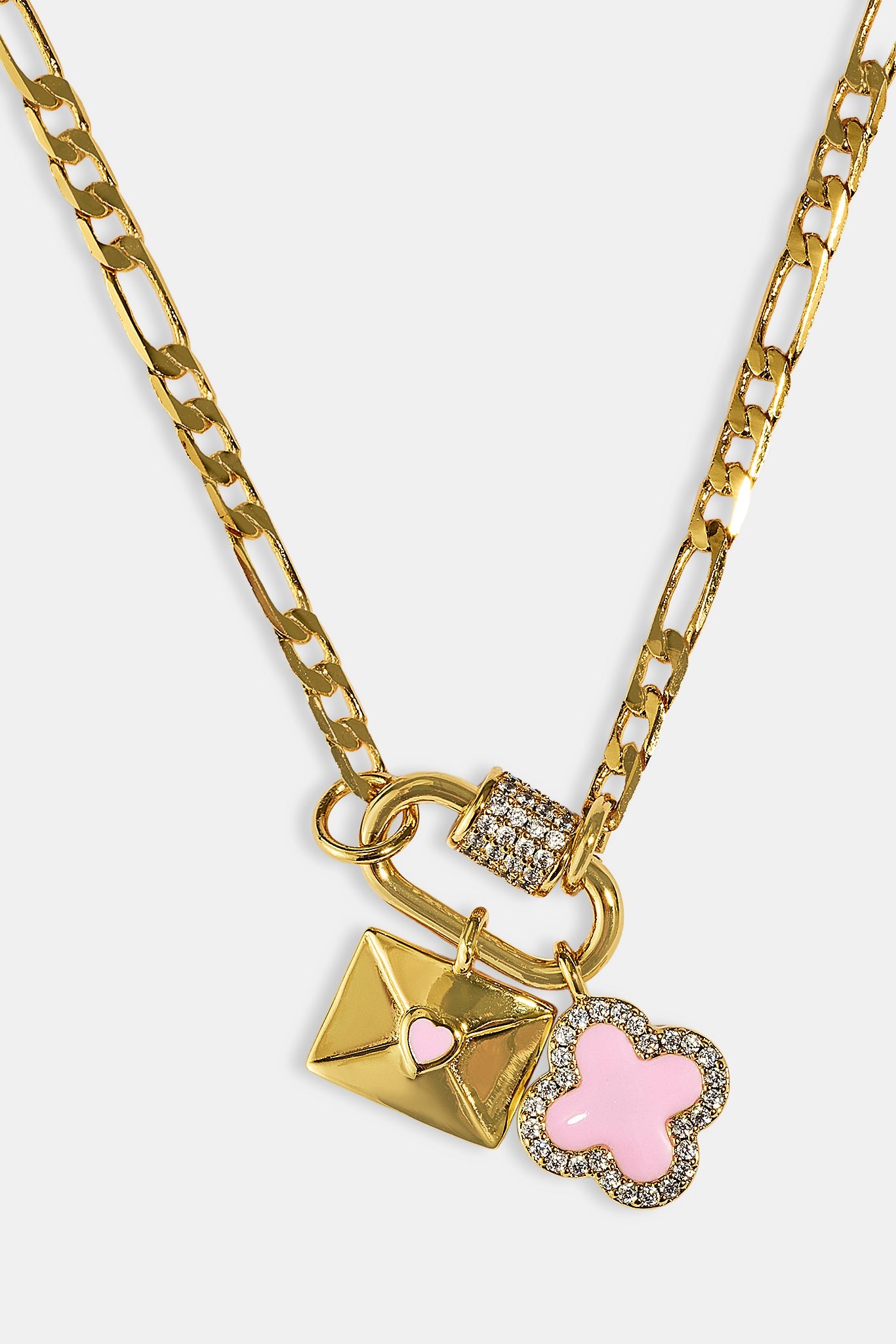 Iced Bar Pendant & Pink Enamel Motif Necklace - 10mm -  Gold