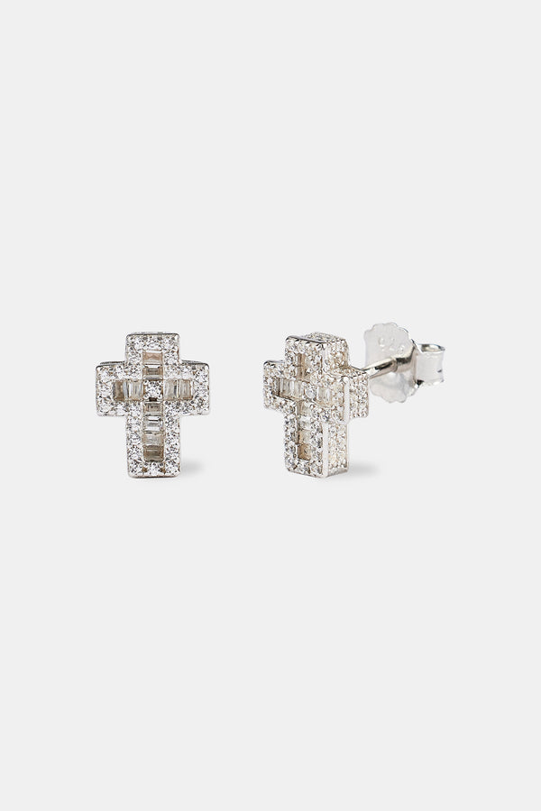 Iced Baguette Cross Stud Earrings - 8mm