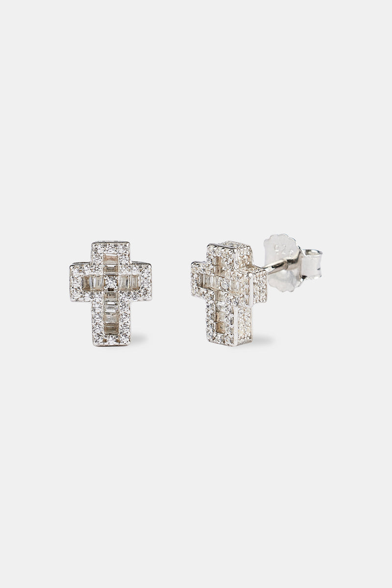 Iced Baguette Cross Stud Earrings - 8mm